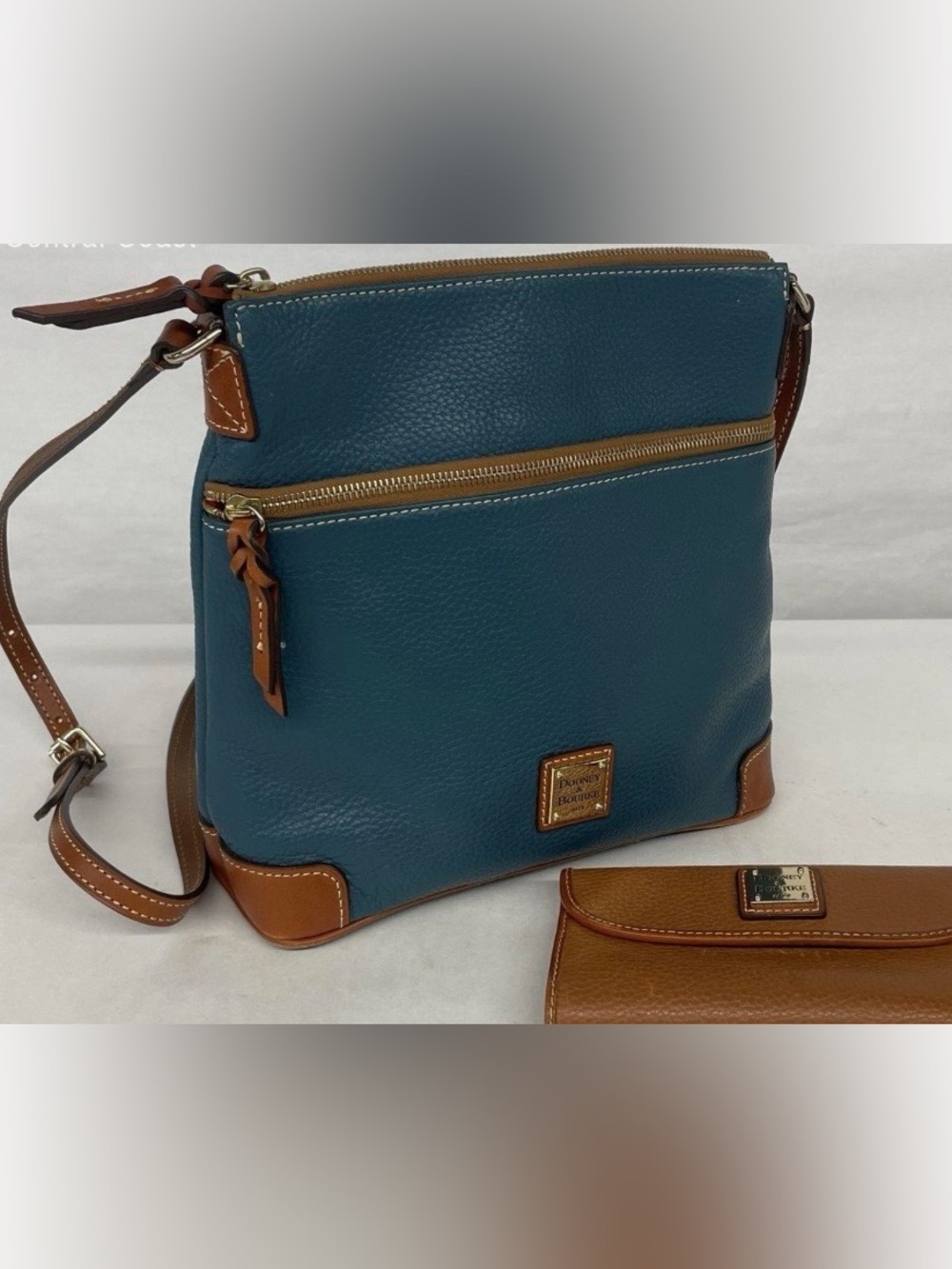 Dooney & Bourke Teal Leather Crossbody with Tan Trim and Gold Hardware